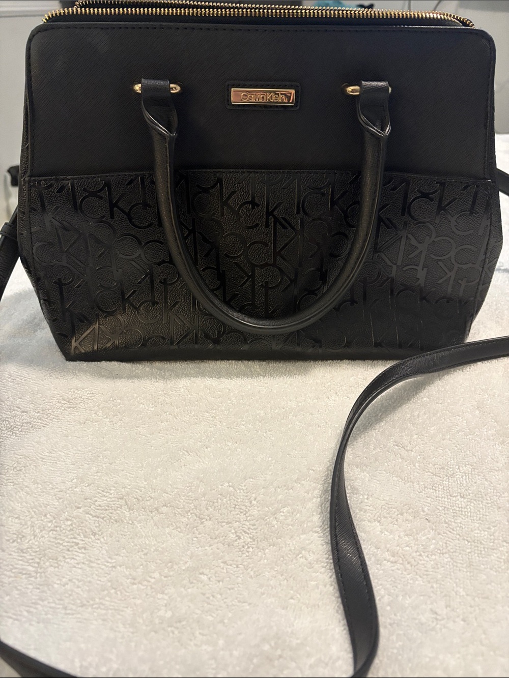 Calvin Klein Black Monogram Satchel with Gold Hardware